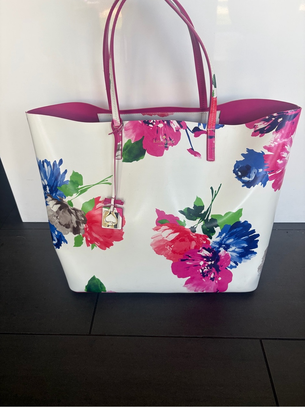 kate spade White Floral Tote with Pink Handles